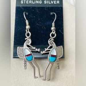 VTG Native American Sterling Silver Kokopelli Earrings Turquoise Mother Of Pearl